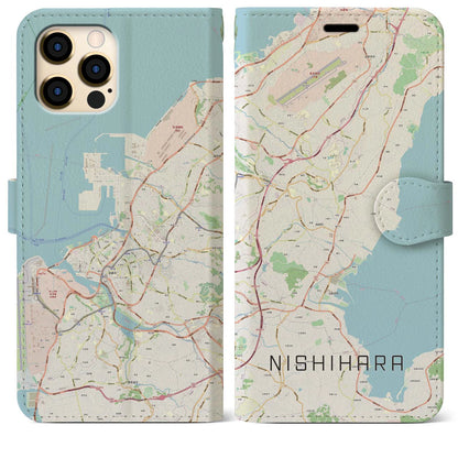 【西原（沖縄県）】地図柄iPhoneケース（手帳タイプ）ナチュラル・iPhone 12 Pro Max 用
