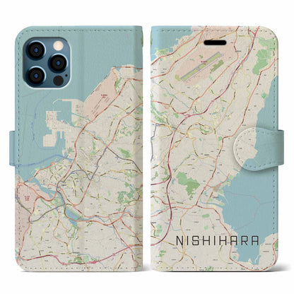 【西原（沖縄県）】地図柄iPhoneケース（手帳タイプ）ナチュラル・iPhone 12 / 12 Pro 用
