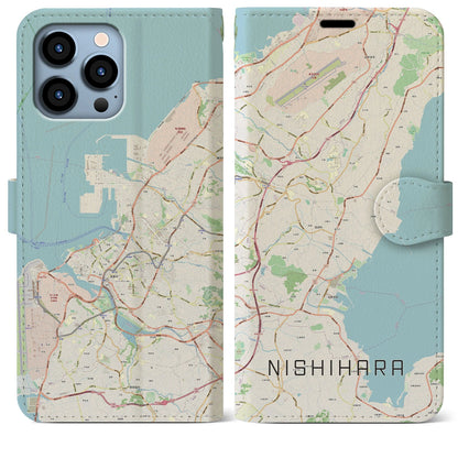 【西原（沖縄県）】地図柄iPhoneケース（手帳タイプ）ナチュラル・iPhone 13 Pro Max 用