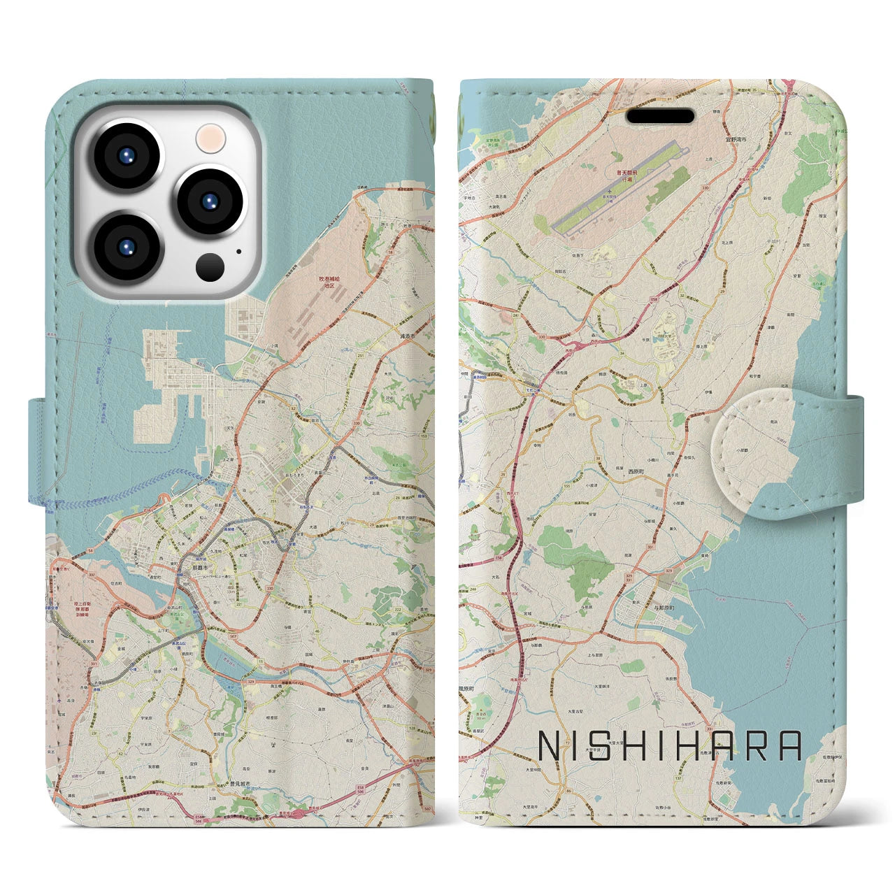 【西原】地図柄iPhoneケース（手帳両面タイプ・ナチュラル）iPhone 13 Pro 用
