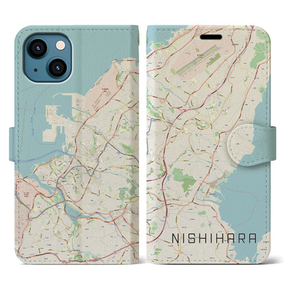 【西原（沖縄県）】地図柄iPhoneケース（手帳タイプ）ナチュラル・iPhone 13 用