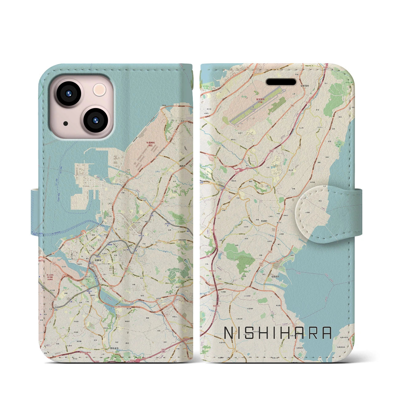 【西原】地図柄iPhoneケース（手帳両面タイプ・ナチュラル）iPhone 13 mini 用