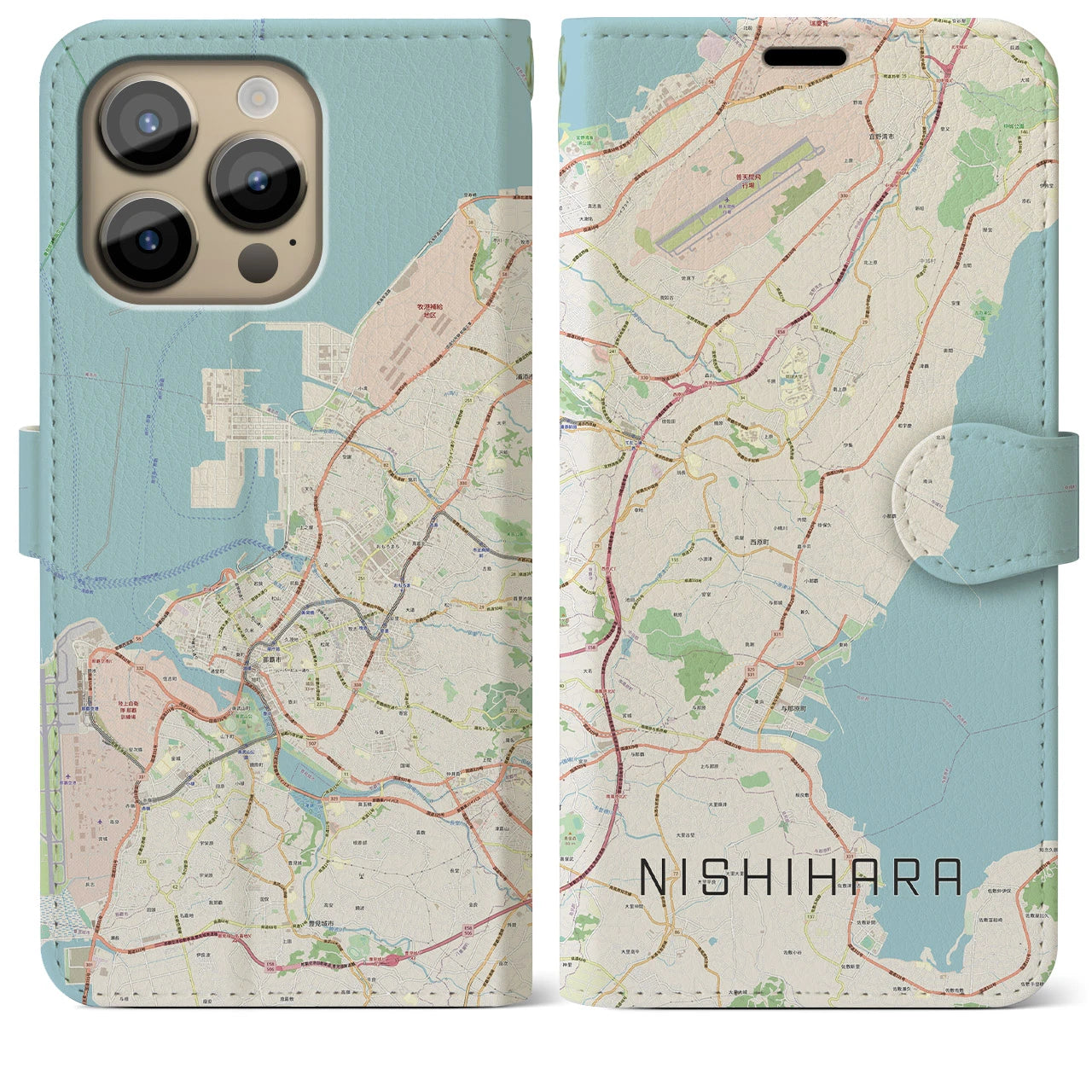【西原】地図柄iPhoneケース（手帳両面タイプ・ナチュラル）iPhone 14 Pro Max 用