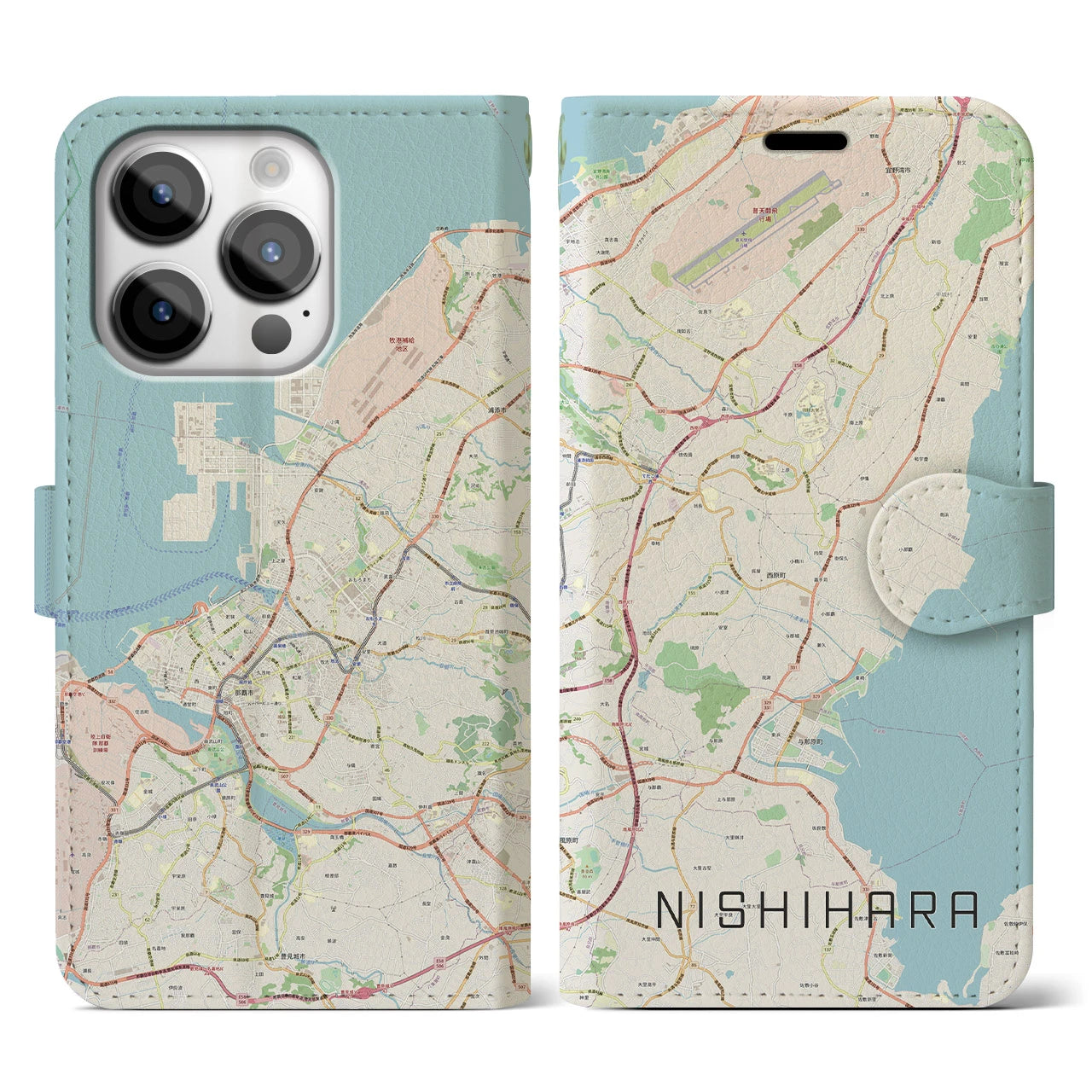 【西原】地図柄iPhoneケース（手帳両面タイプ・ナチュラル）iPhone 14 Pro 用