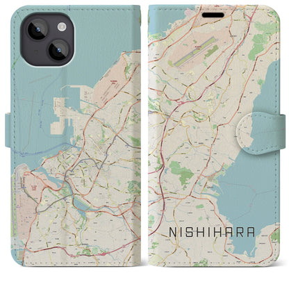 【西原（沖縄県）】地図柄iPhoneケース（手帳タイプ）ナチュラル・iPhone 14 Plus 用