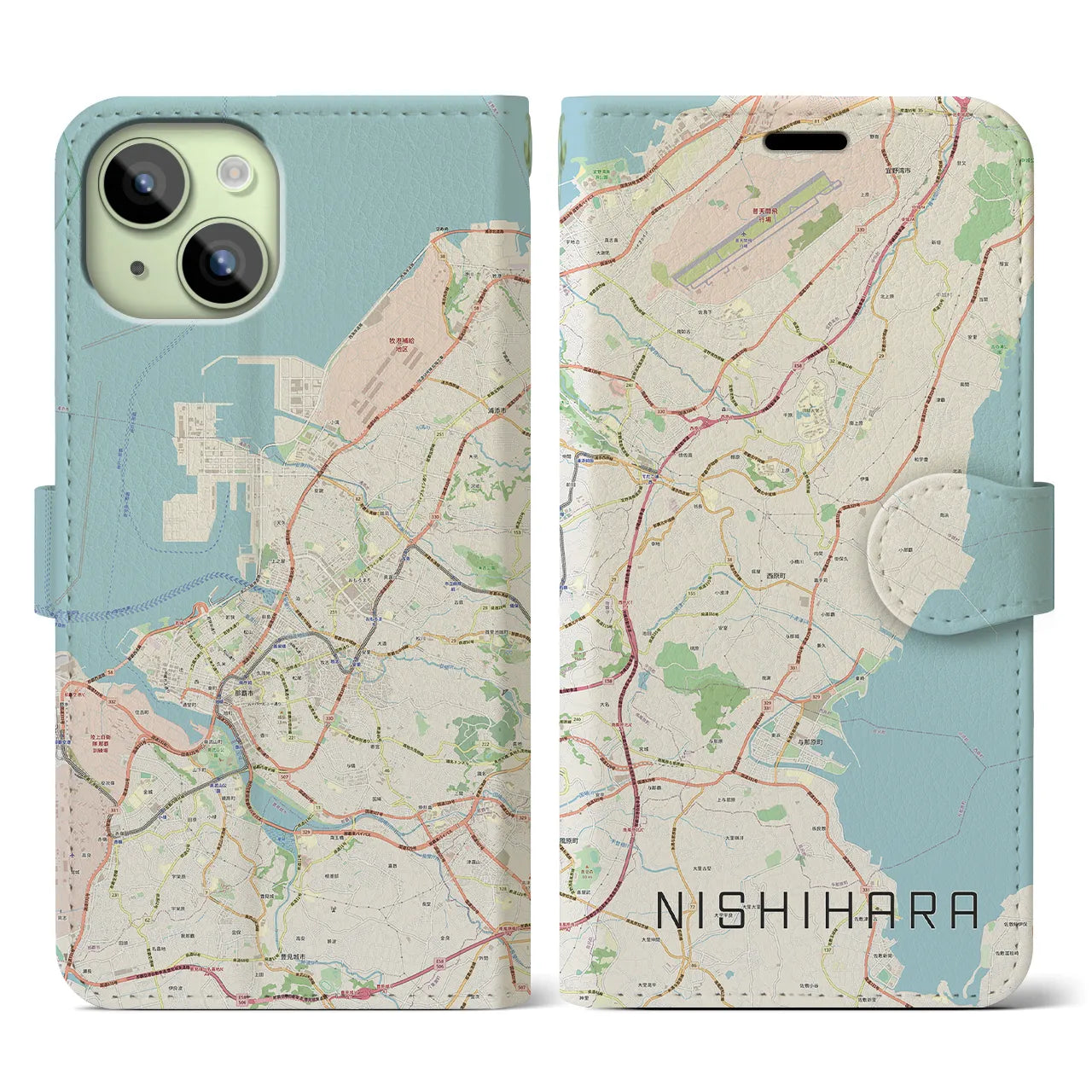 【西原】地図柄iPhoneケース（手帳両面タイプ・ナチュラル）iPhone 15 用
