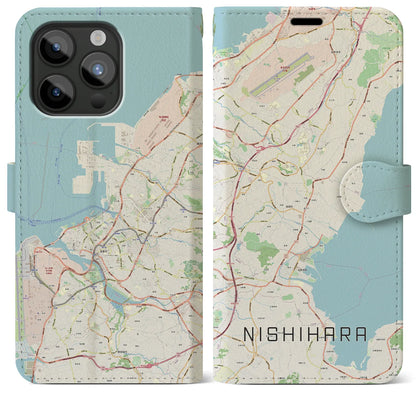 【西原（沖縄県）】地図柄iPhoneケース（手帳タイプ）ナチュラル・iPhone 15 Pro Max 用