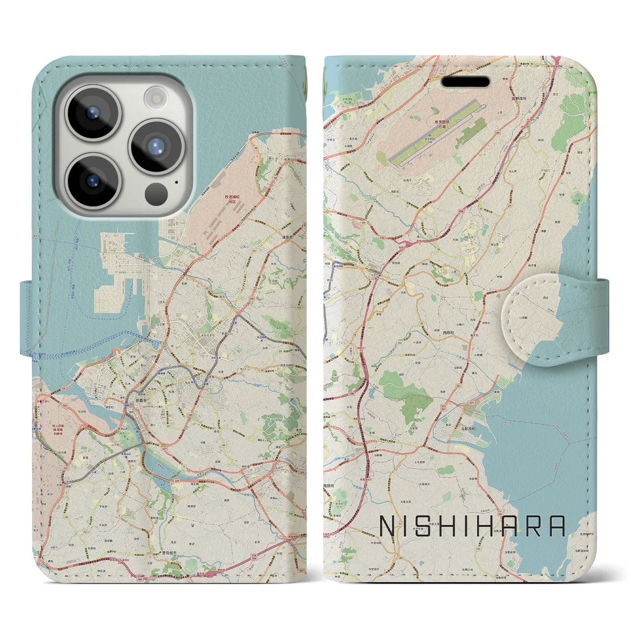 【西原】地図柄iPhoneケース（手帳両面タイプ・ナチュラル）iPhone 15 Pro 用