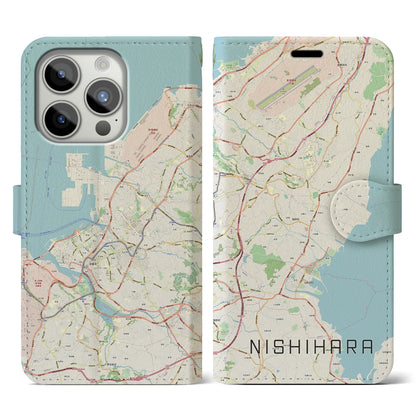 【西原（沖縄県）】地図柄iPhoneケース（手帳タイプ）ナチュラル・iPhone 15 Pro 用