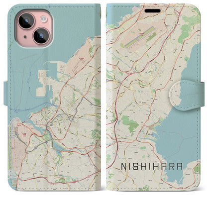 【西原（沖縄県）】地図柄iPhoneケース（手帳タイプ）ナチュラル・iPhone 15 Plus 用