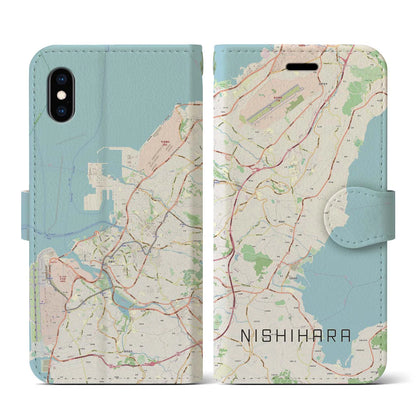 【西原（沖縄県）】地図柄iPhoneケース（手帳タイプ）ナチュラル・iPhone XS / X 用
