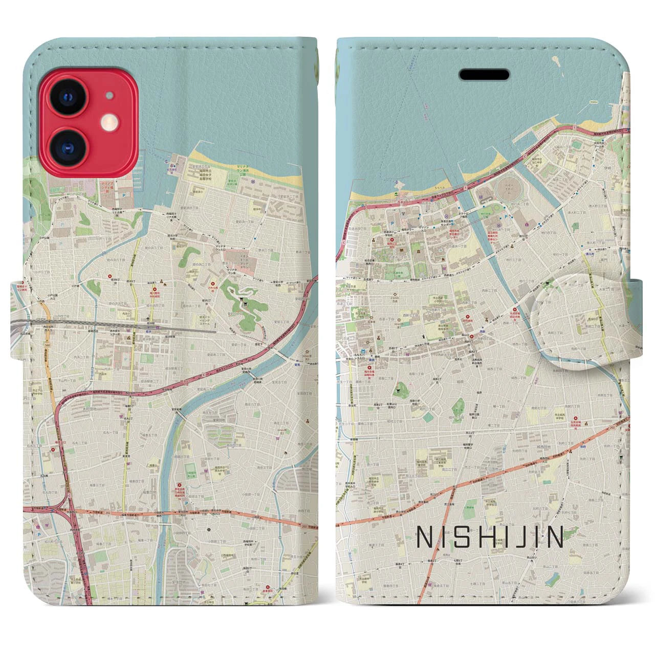 【西新】地図柄iPhoneケース（手帳両面タイプ・ナチュラル）iPhone 11 用