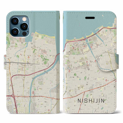 【西新（福岡県）】地図柄iPhoneケース（手帳タイプ）ナチュラル・iPhone 12 / 12 Pro 用