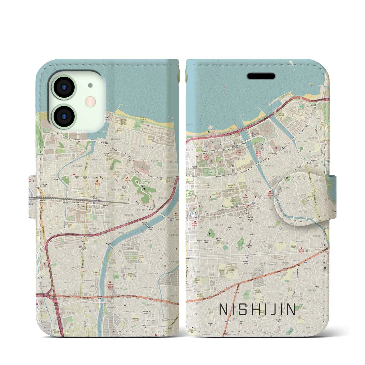 【西新】地図柄iPhoneケース（手帳両面タイプ・ナチュラル）iPhone 12 mini 用