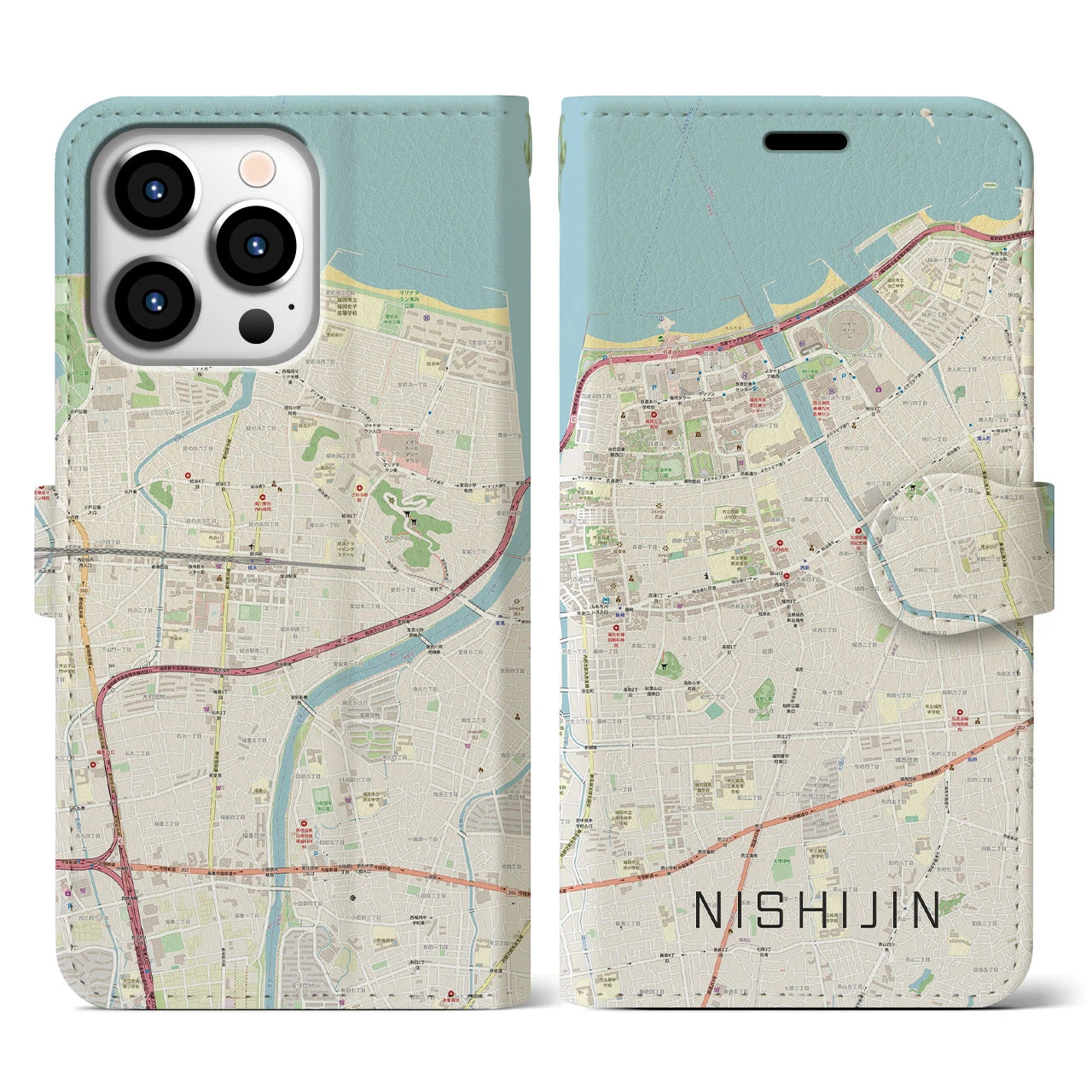【西新】地図柄iPhoneケース（手帳両面タイプ・ナチュラル）iPhone 13 Pro 用