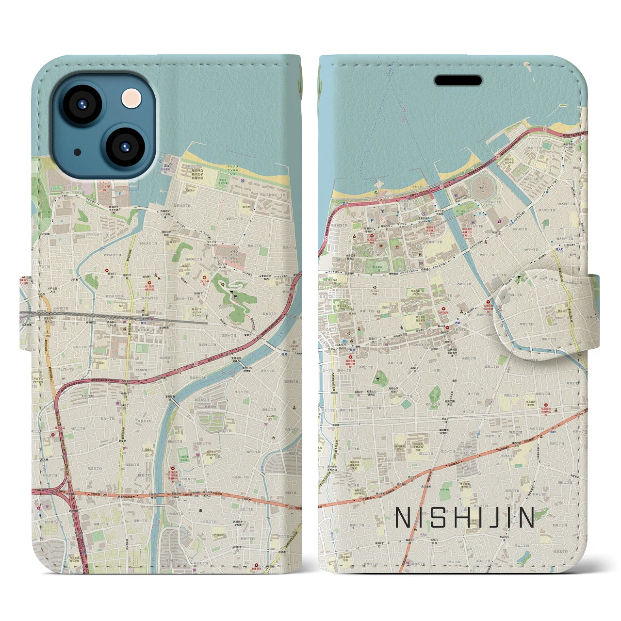 【西新】地図柄iPhoneケース（手帳両面タイプ・ナチュラル）iPhone 13 用