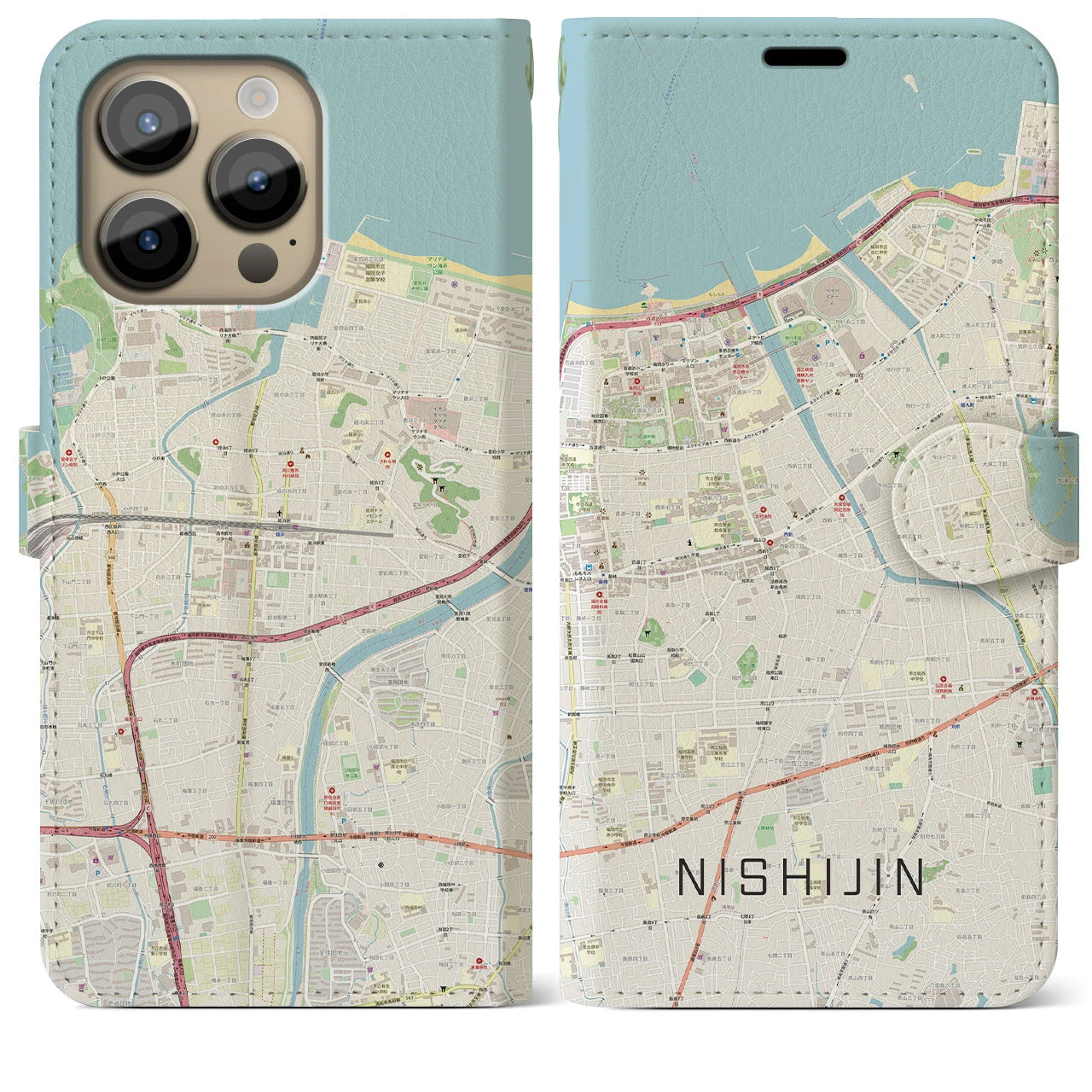 【西新】地図柄iPhoneケース（手帳両面タイプ・ナチュラル）iPhone 14 Pro Max 用