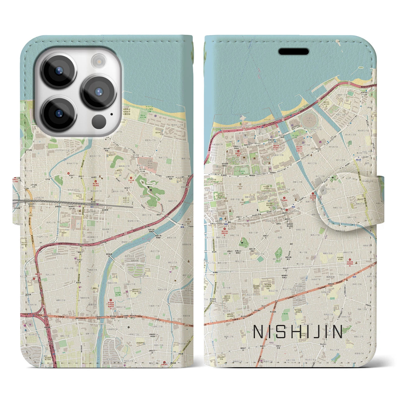 【西新】地図柄iPhoneケース（手帳両面タイプ・ナチュラル）iPhone 14 Pro 用