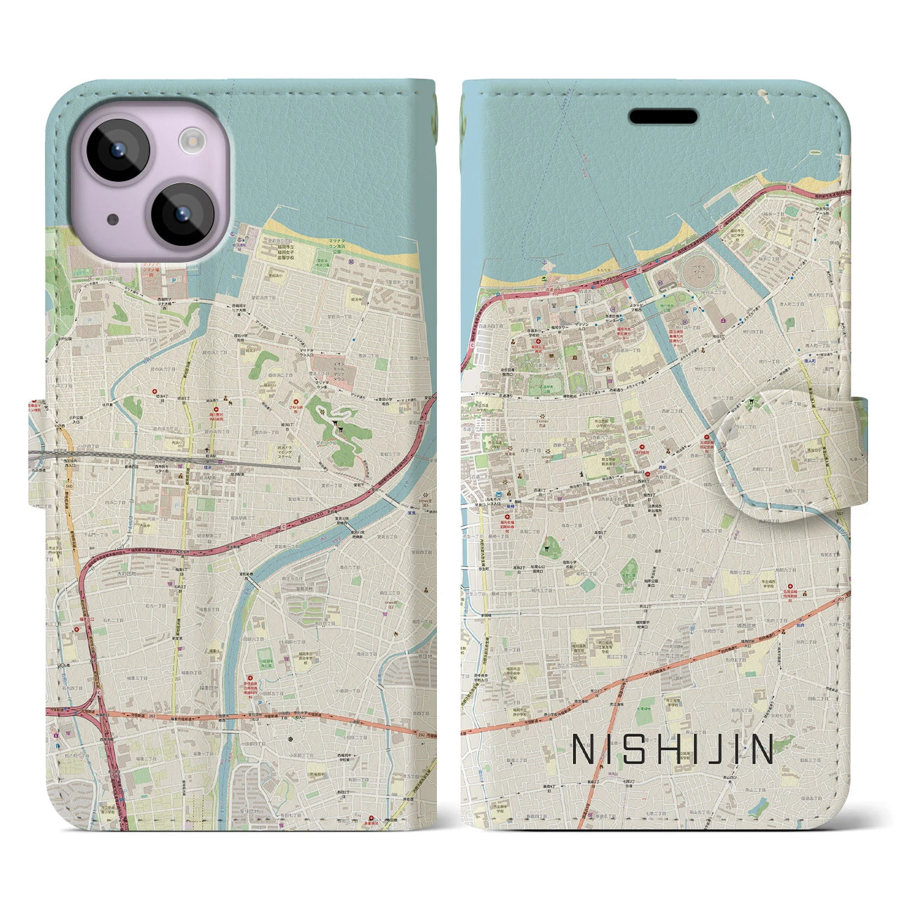 【西新】地図柄iPhoneケース（手帳両面タイプ・ナチュラル）iPhone 14 用