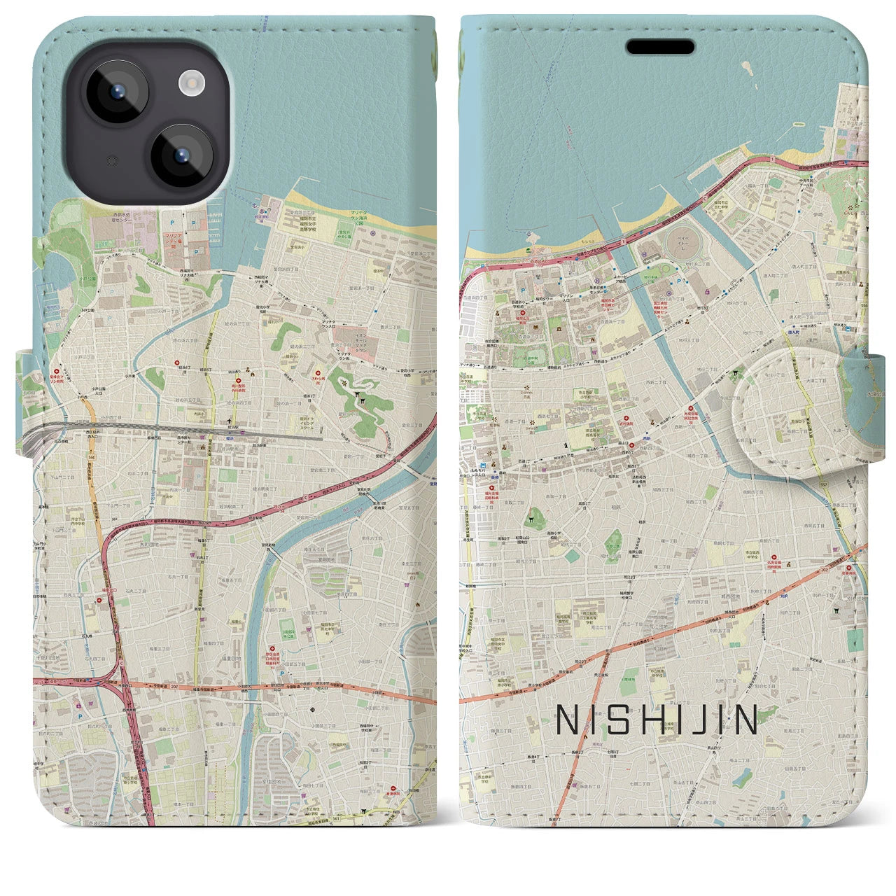 【西新】地図柄iPhoneケース（手帳両面タイプ・ナチュラル）iPhone 14 Plus 用