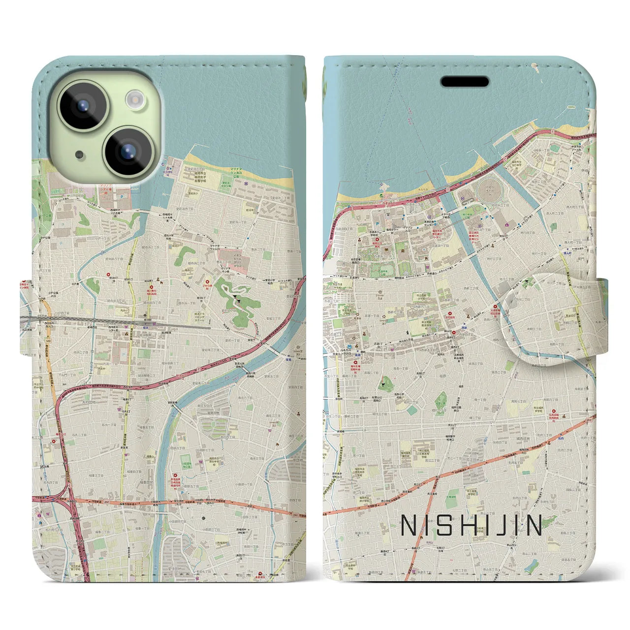 【西新】地図柄iPhoneケース（手帳両面タイプ・ナチュラル）iPhone 15 用