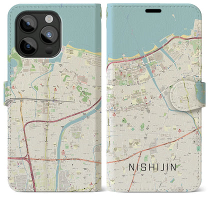 【西新（福岡県）】地図柄iPhoneケース（手帳タイプ）ナチュラル・iPhone 15 Pro Max 用