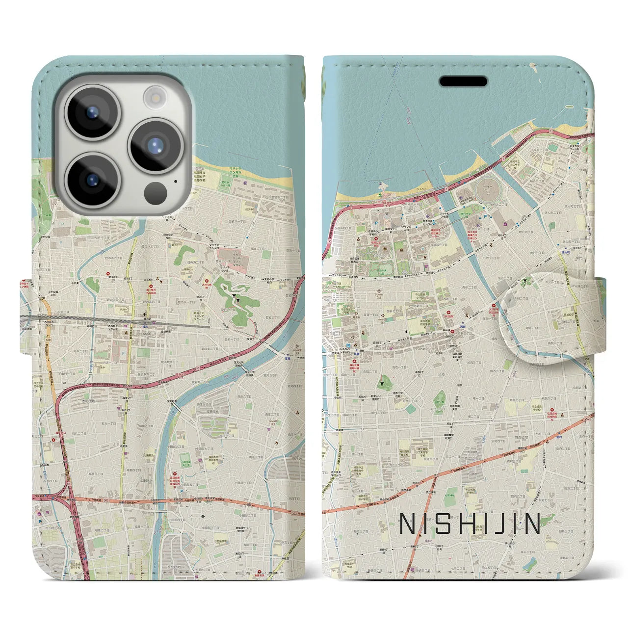 【西新】地図柄iPhoneケース（手帳両面タイプ・ナチュラル）iPhone 15 Pro 用