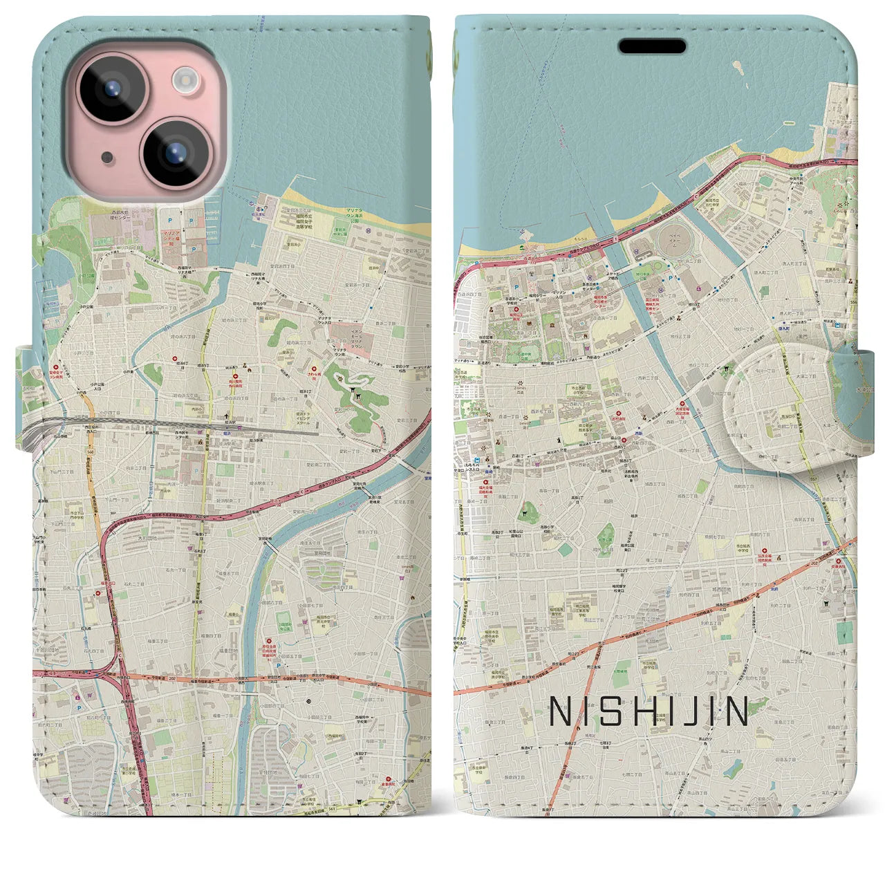 【西新】地図柄iPhoneケース（手帳両面タイプ・ナチュラル）iPhone 15 Plus 用