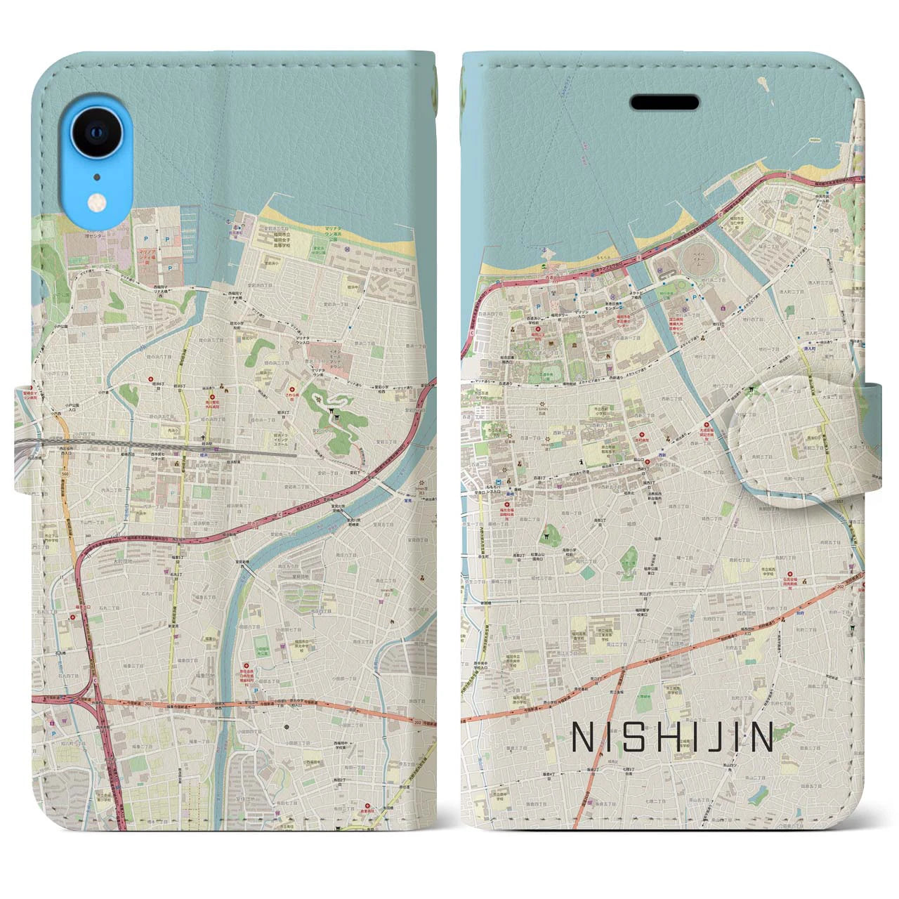 【西新】地図柄iPhoneケース（手帳両面タイプ・ナチュラル）iPhone XR 用