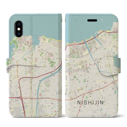 【西新（福岡県）】地図柄iPhoneケース（手帳タイプ）ナチュラル・iPhone XS / X 用