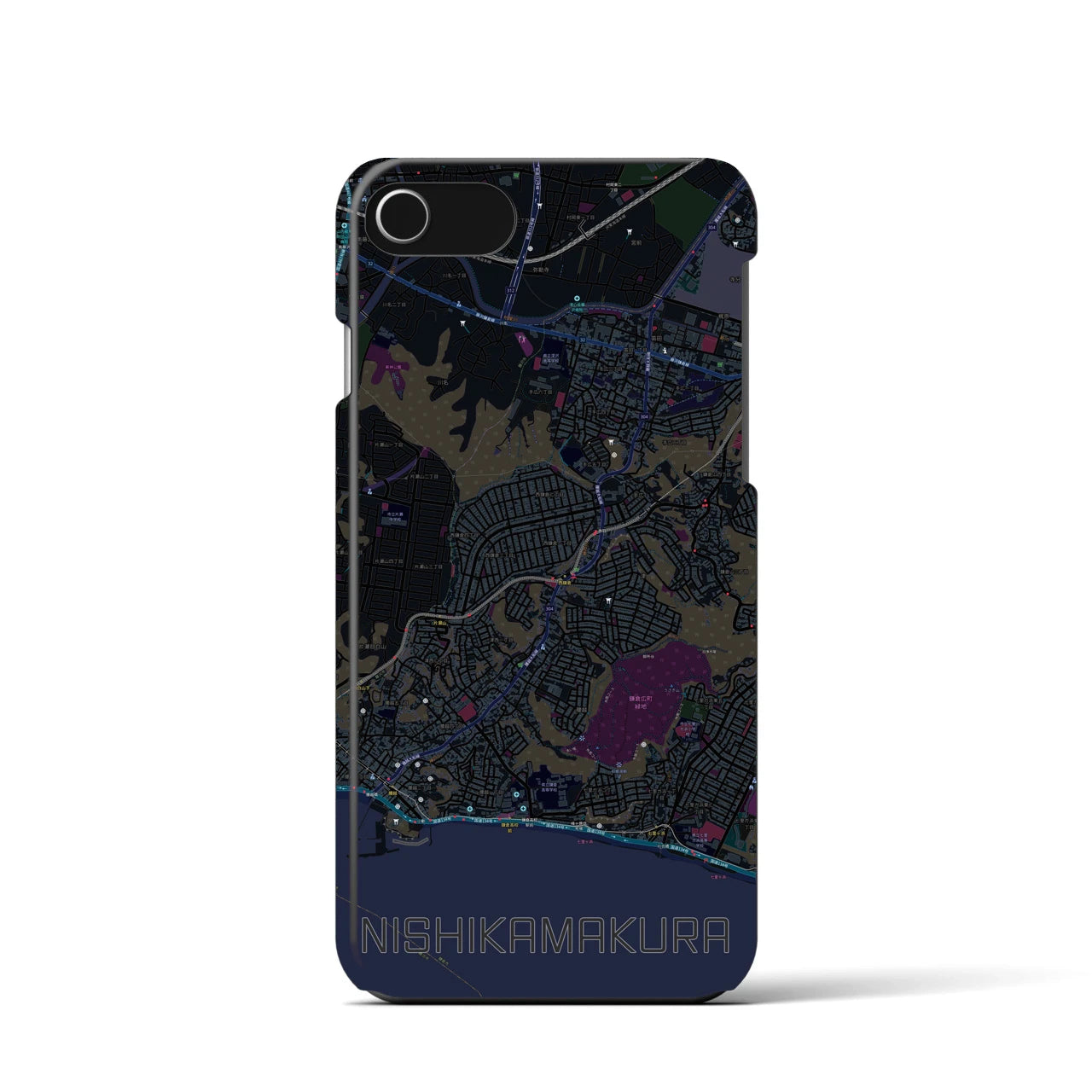 【西鎌倉】地図柄iPhoneケース（バックカバータイプ・ブラック）iPhone SE（第3 / 第2世代） / 8 / 7 / 6s / 6 用