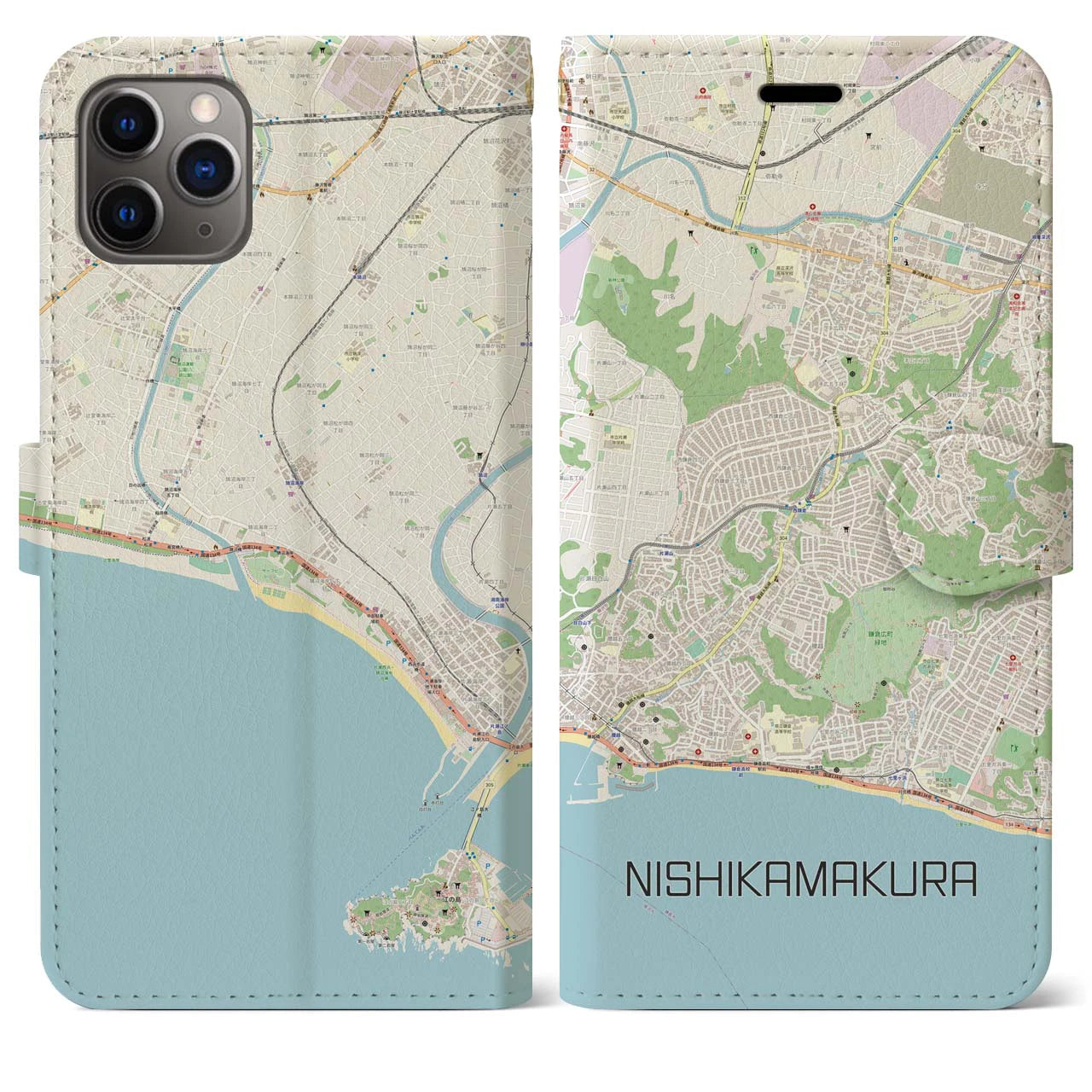 【西鎌倉】地図柄iPhoneケース（手帳両面タイプ・ナチュラル）iPhone 11 Pro Max 用