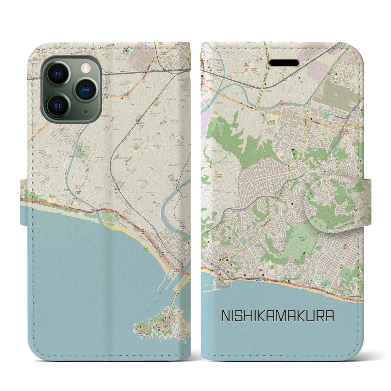 【西鎌倉】地図柄iPhoneケース（手帳両面タイプ・ナチュラル）iPhone 11 Pro 用