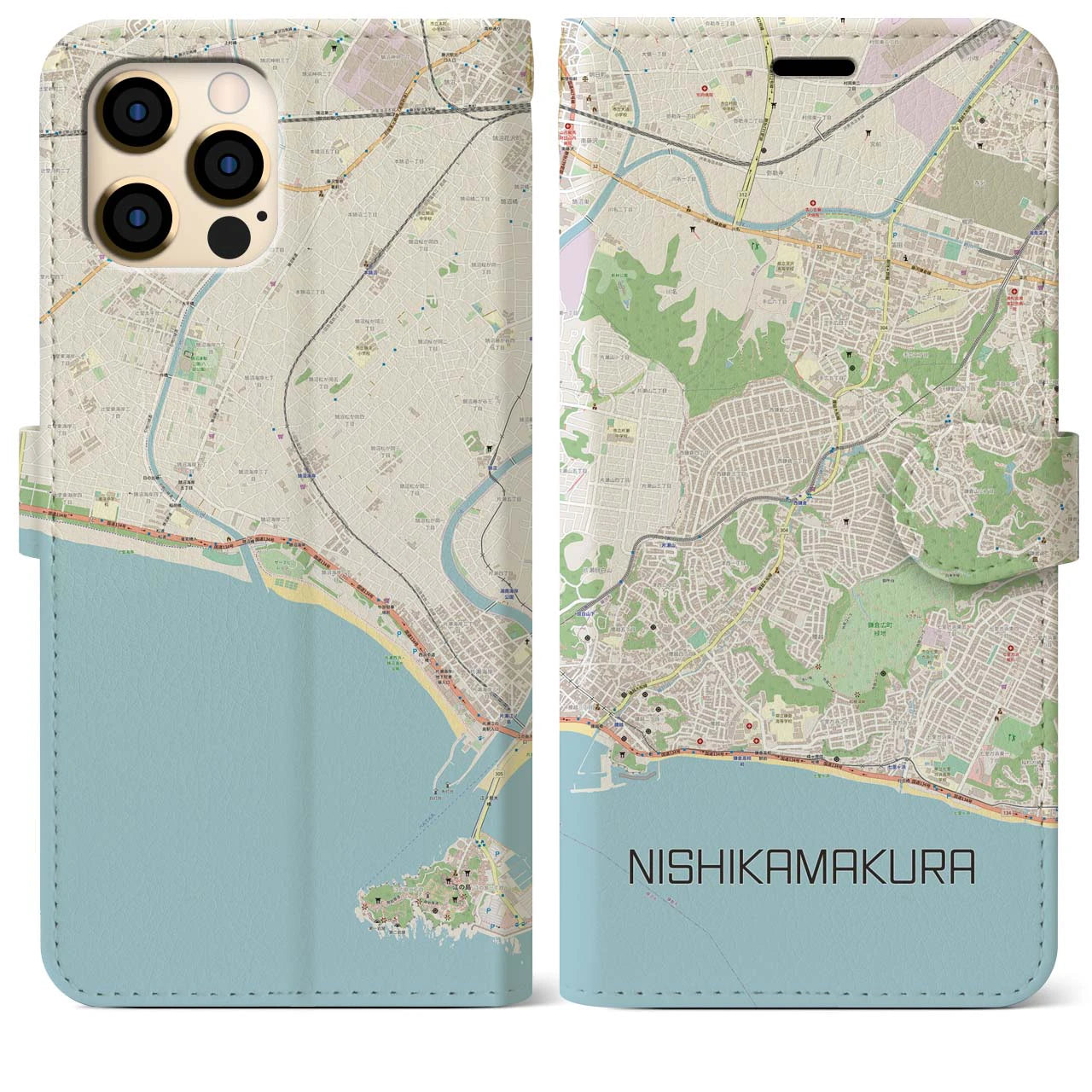 【西鎌倉】地図柄iPhoneケース（手帳両面タイプ・ナチュラル）iPhone 12 Pro Max 用