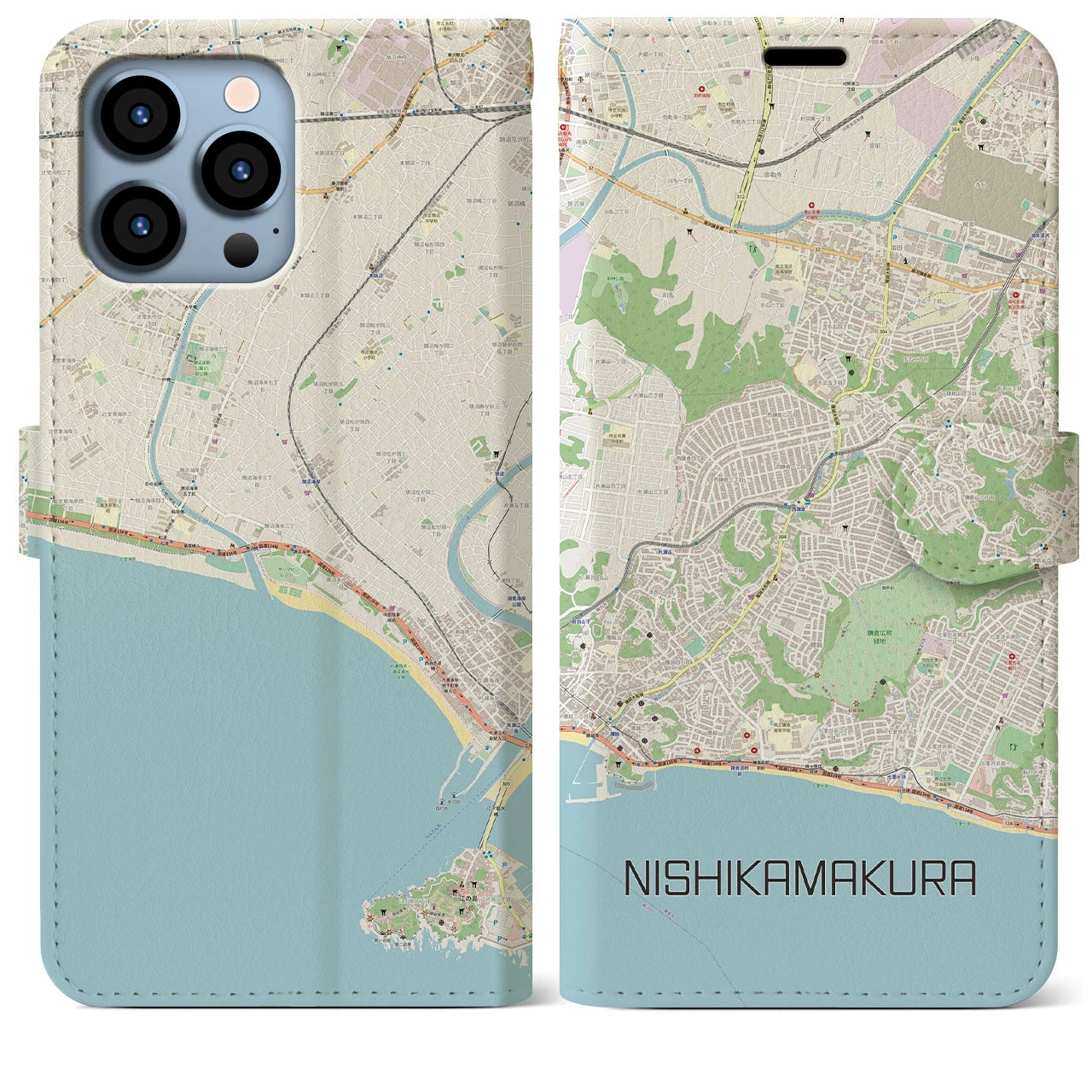 【西鎌倉】地図柄iPhoneケース（手帳両面タイプ・ナチュラル）iPhone 13 Pro Max 用