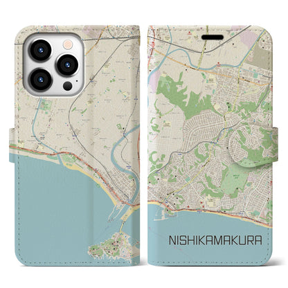 【西鎌倉（神奈川県）】地図柄iPhoneケース（手帳タイプ）ナチュラル・iPhone 13 Pro 用