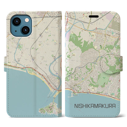 【西鎌倉（神奈川県）】地図柄iPhoneケース（手帳タイプ）ナチュラル・iPhone 13 用