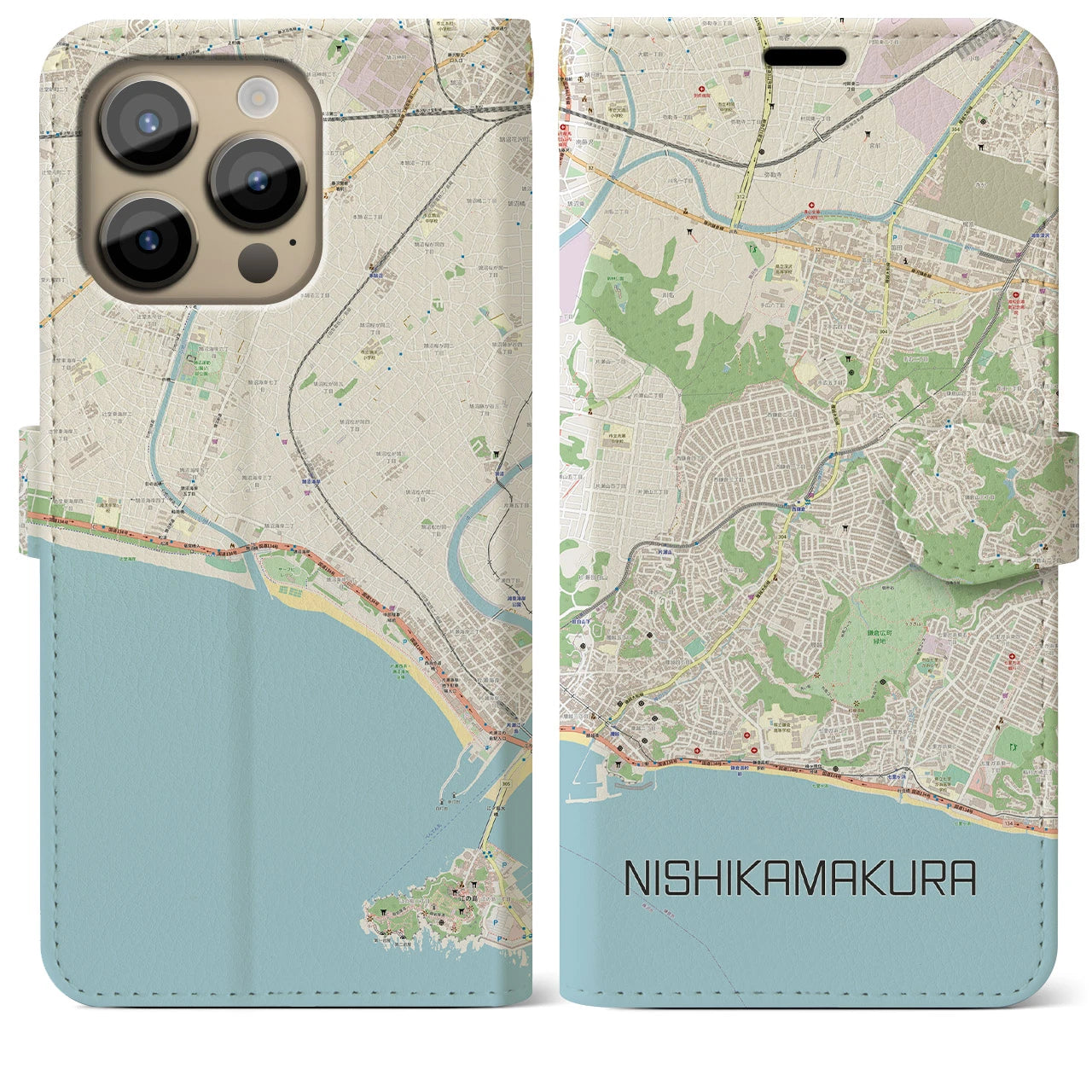 【西鎌倉】地図柄iPhoneケース（手帳両面タイプ・ナチュラル）iPhone 14 Pro Max 用