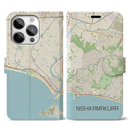 【西鎌倉（神奈川県）】地図柄iPhoneケース（手帳タイプ）ナチュラル・iPhone 14 Pro 用