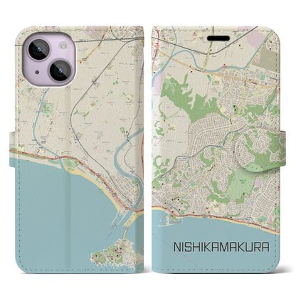 【西鎌倉（神奈川県）】地図柄iPhoneケース（手帳タイプ）ナチュラル・iPhone 14 用
