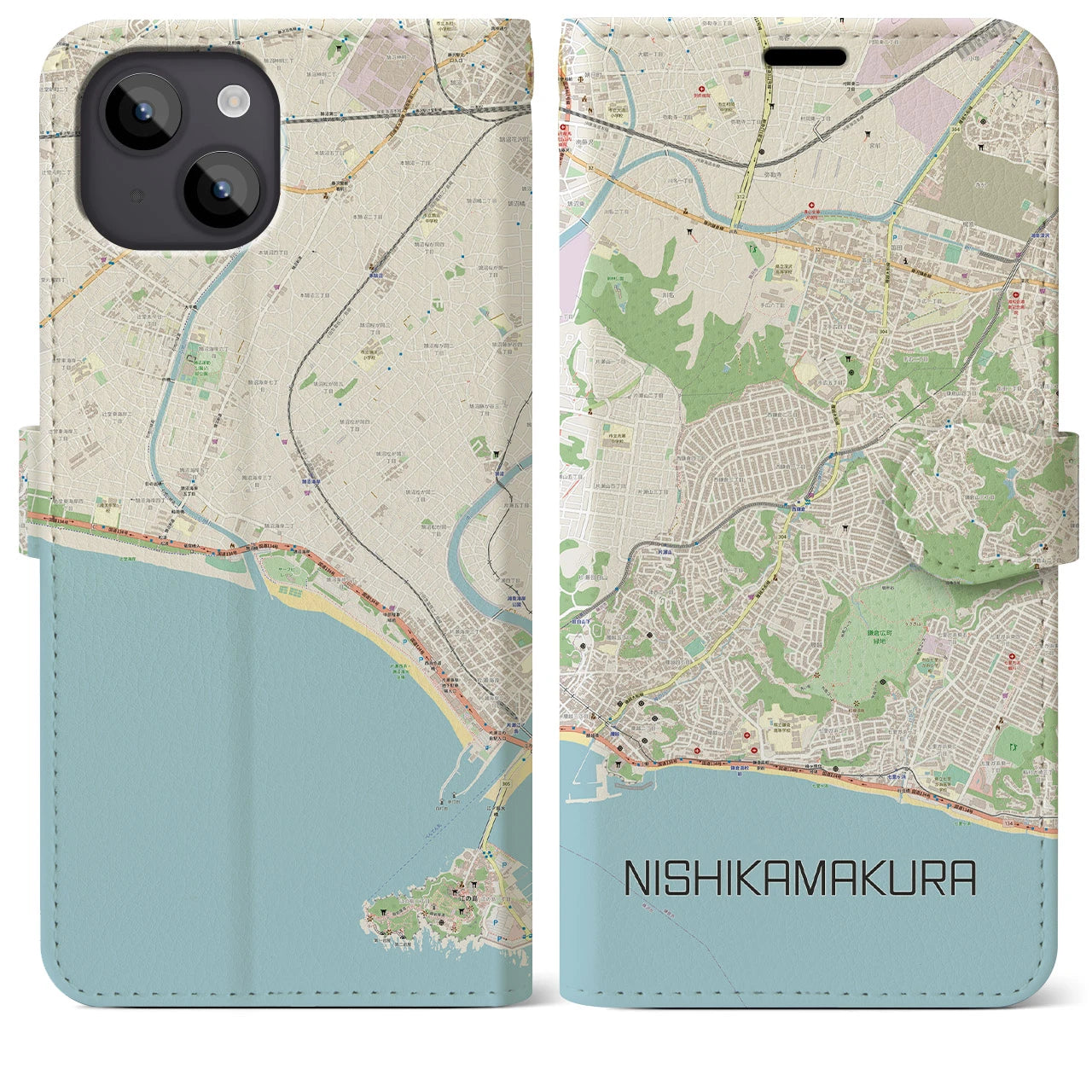【西鎌倉】地図柄iPhoneケース（手帳両面タイプ・ナチュラル）iPhone 14 Plus 用
