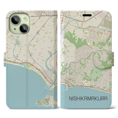 【西鎌倉（神奈川県）】地図柄iPhoneケース（手帳タイプ）ナチュラル・iPhone 15 用