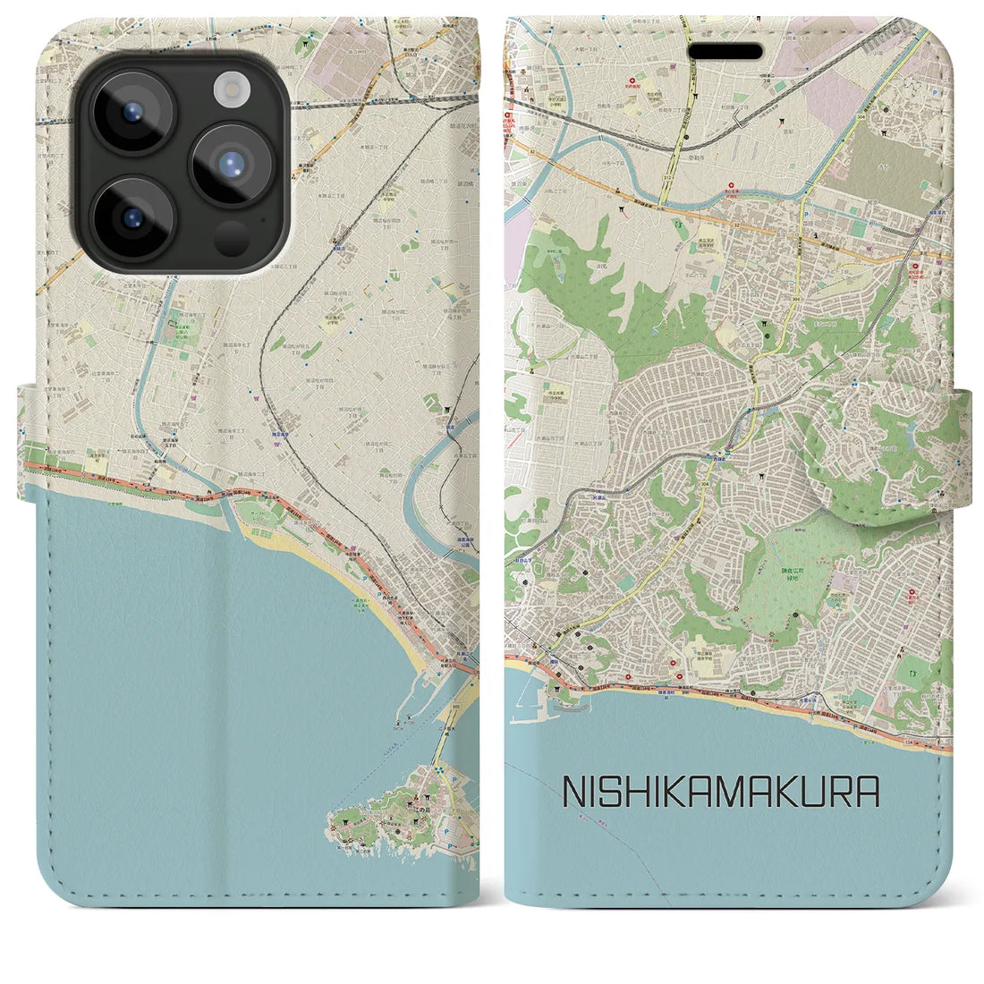 【西鎌倉】地図柄iPhoneケース（手帳両面タイプ・ナチュラル）iPhone 15 Pro Max 用