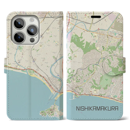 【西鎌倉（神奈川県）】地図柄iPhoneケース（手帳タイプ）ナチュラル・iPhone 15 Pro 用