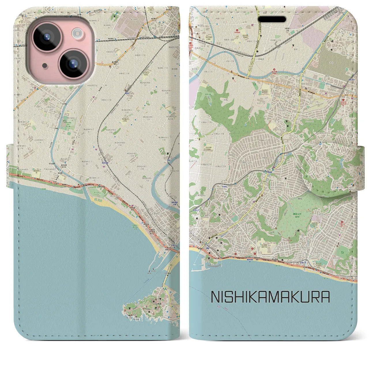 【西鎌倉】地図柄iPhoneケース（手帳両面タイプ・ナチュラル）iPhone 15 Plus 用