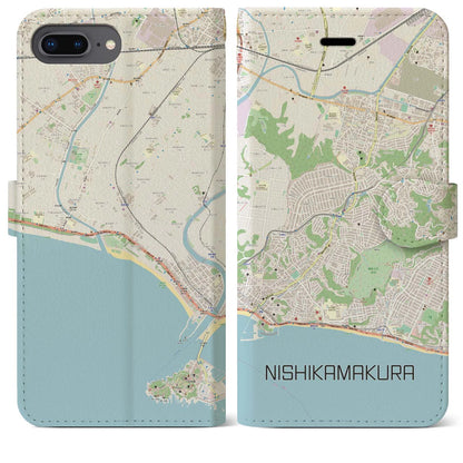 【西鎌倉（神奈川県）】地図柄iPhoneケース（手帳タイプ）ナチュラル・iPhone 8Plus /7Plus / 6sPlus / 6Plus 用