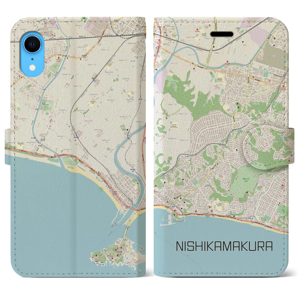 【西鎌倉】地図柄iPhoneケース（手帳両面タイプ・ナチュラル）iPhone XR 用