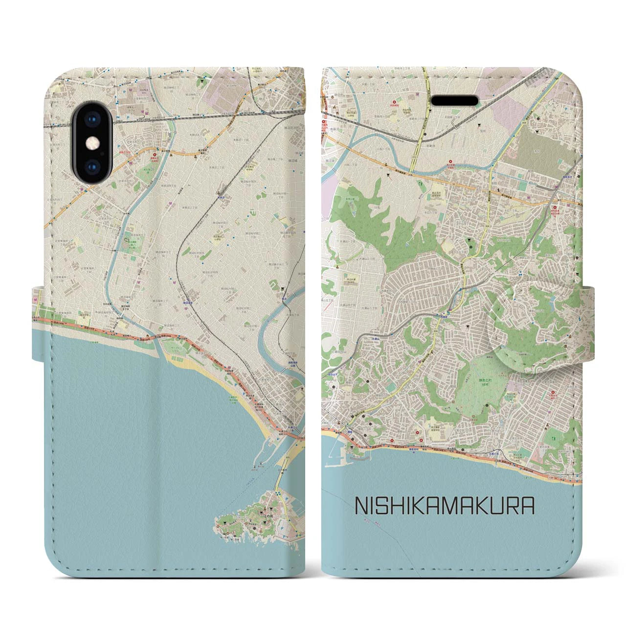 【西鎌倉】地図柄iPhoneケース（手帳両面タイプ・ナチュラル）iPhone XS / X 用