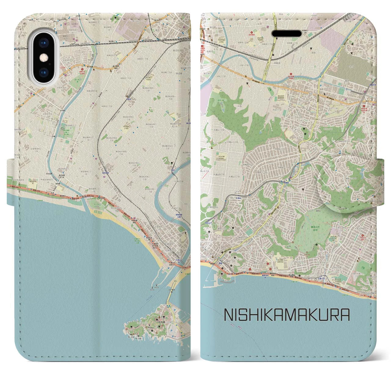 【西鎌倉】地図柄iPhoneケース（手帳両面タイプ・ナチュラル）iPhone XS Max 用