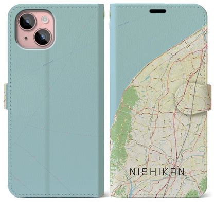 【西蒲（新潟県）】地図柄iPhoneケース（手帳タイプ）ナチュラル・iPhone 15 Plus 用